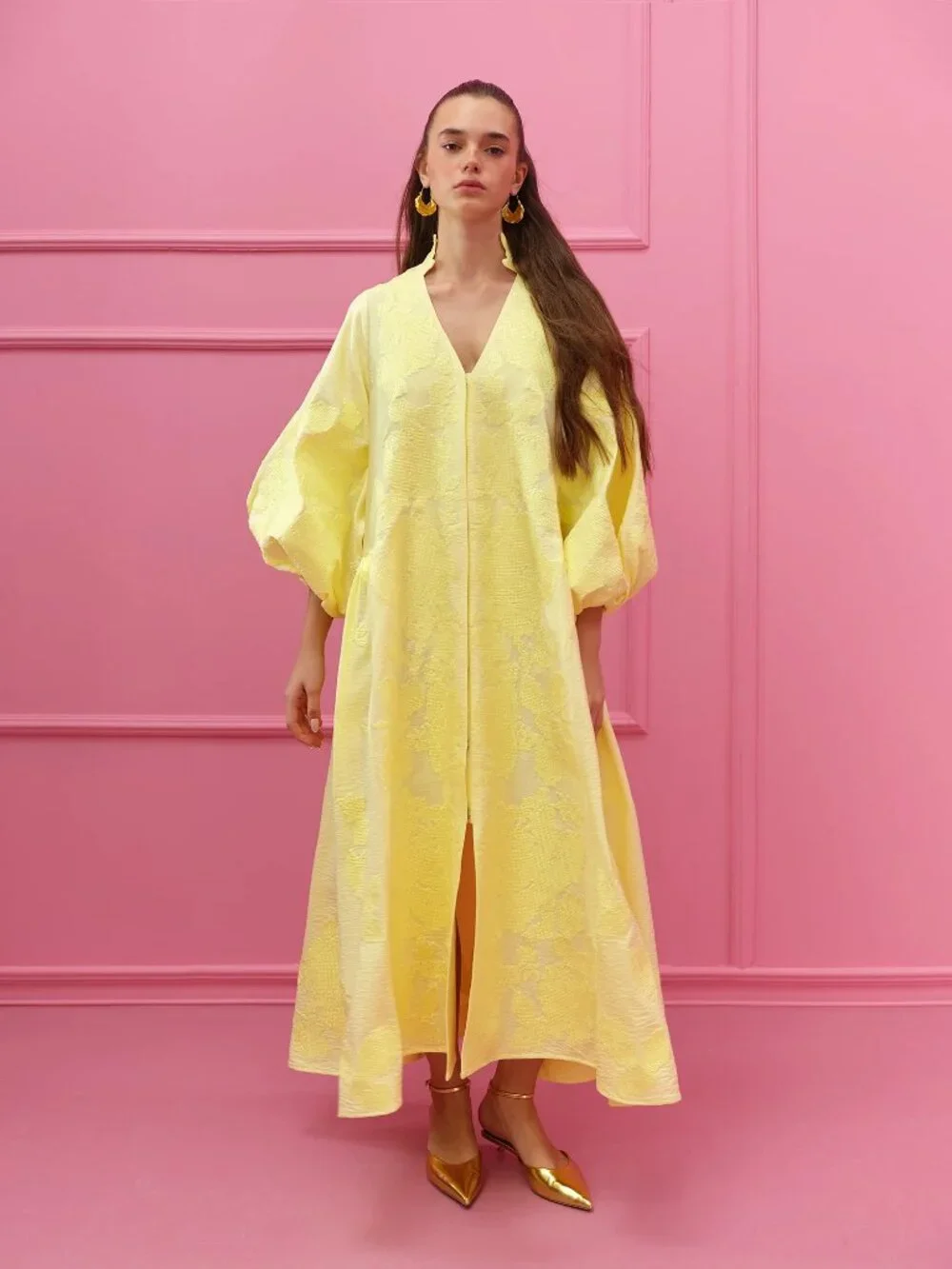 Yuliya Magdych Yellow Caftan Embroidered Roses Muslin Dress Caftan